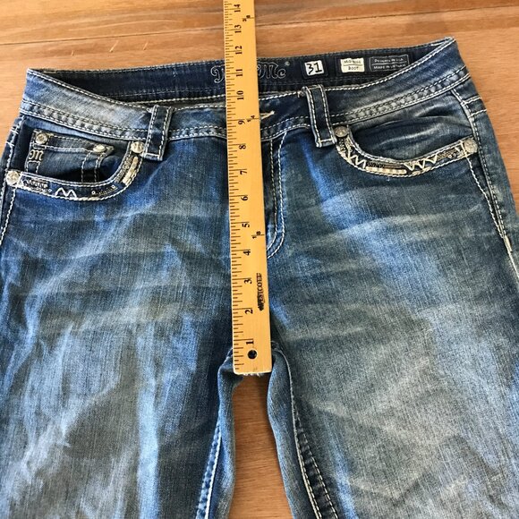 Miss Me Bootcut Jeans Women 31 Blue Mid Rise Flap Pockets Rhinestone Medium Wash - Picture 9 of 16
